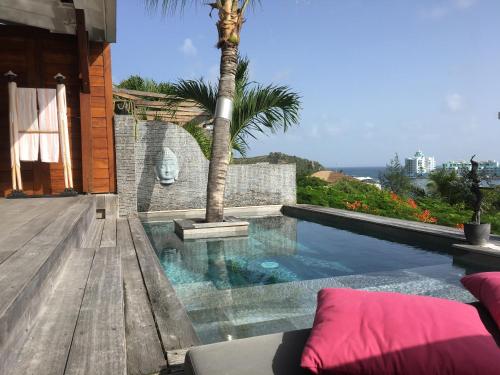 a swimming pool with a palm tree next to a house at Happy Cottage With Private Pool in Oyster Pond