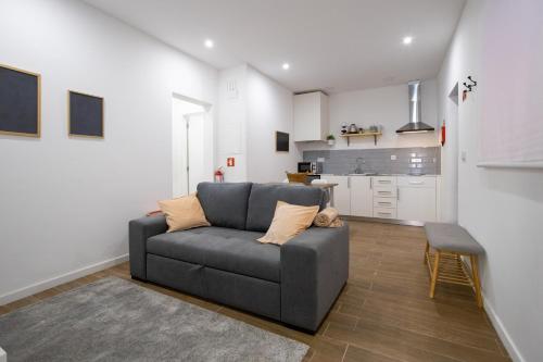 uma sala de estar com um sofá cinzento e uma cozinha em Douro Afurada Boutique Apartments em Vila Nova de Gaia