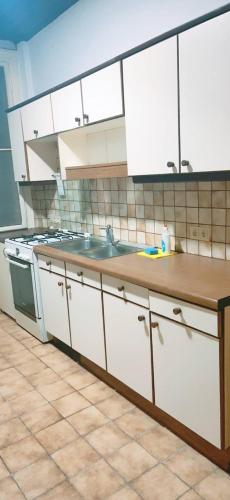 a kitchen with white cabinets and a sink at Standard Apartment 5P TH in Vienna
