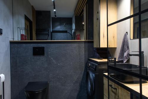 a small kitchen with a stove and a sink at Apartament Black Loft in Nysa