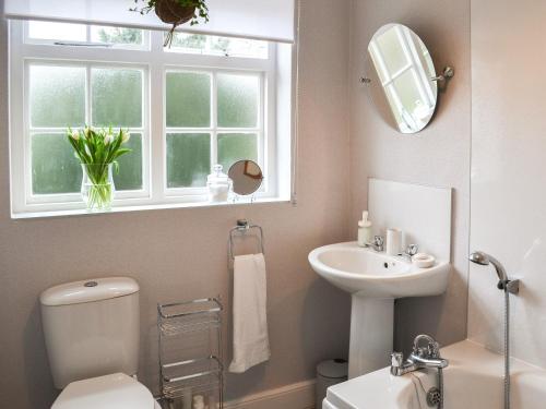 a bathroom with a toilet and a sink and a window at Coopers Cottage in Louth