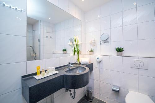a bathroom with a sink and a mirror at Hotel & Restaurant Goldener Pflug in Ludwigsburg