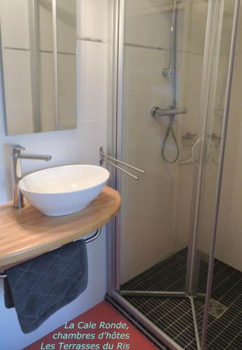 une salle de bain avec un lavabo et une douche dans l'établissement Les Terrasses du Ris, à Douarnenez