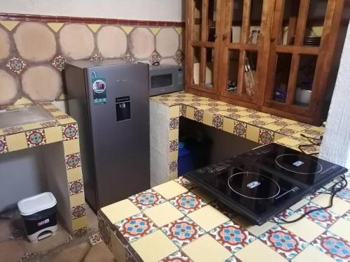 uma cozinha com um frigorífico e uma bancada em Acogedora casa estilo mexicano em Dolores Hidalgo