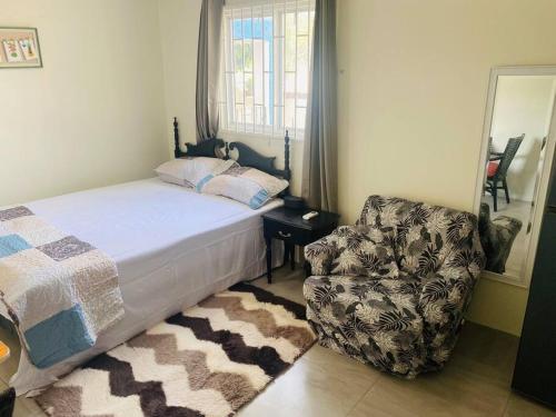 a bedroom with a bed and a chair and a mirror at Mona Cottage in Kingston