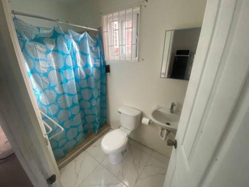 a bathroom with a toilet and a shower and a sink at Mona Cottage in Kingston