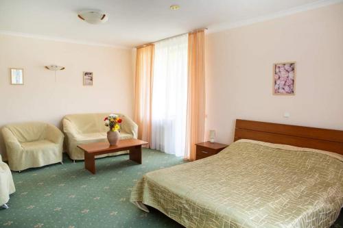 pokój hotelowy z łóżkiem i kanapą w obiekcie VILA DORULUI w mieście Molovata Nouă