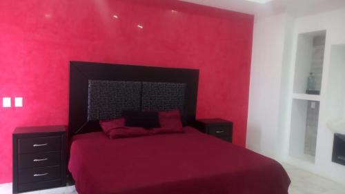 - une chambre dotée d'un lit avec un mur rouge dans l'établissement QUINTA GARCIA HUIJON, 