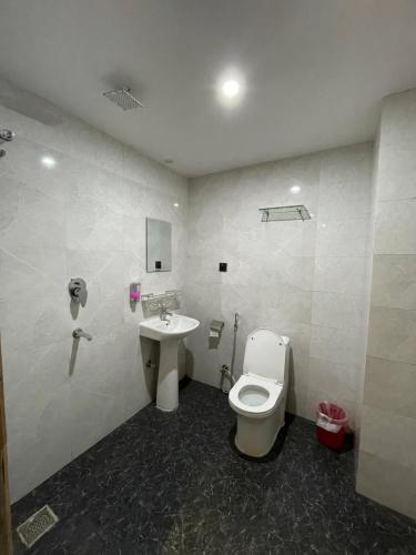 La salle de bains est pourvue de toilettes et d'un lavabo. dans l'établissement Hostel The Good Earth Pvt. Ltd., à Pokhara