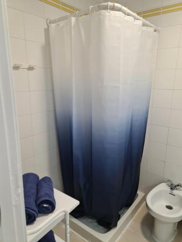 een badkamer met een blauw douchegordijn en een wastafel bij apartamento céntrico jerez calle tucan n17 in Jerez de la Frontera