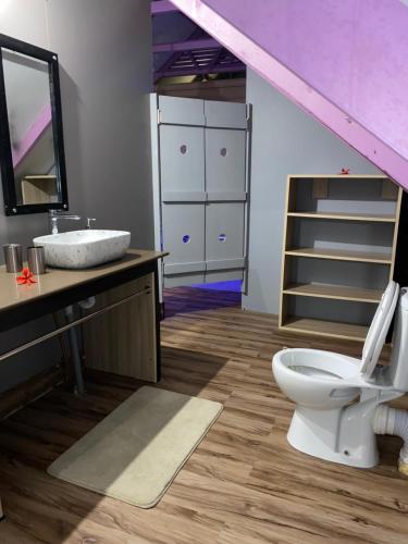 ボー・ヴァロンにあるMer Riviere Self Catering Apartmentの白いトイレと洗面台のあるバスルーム