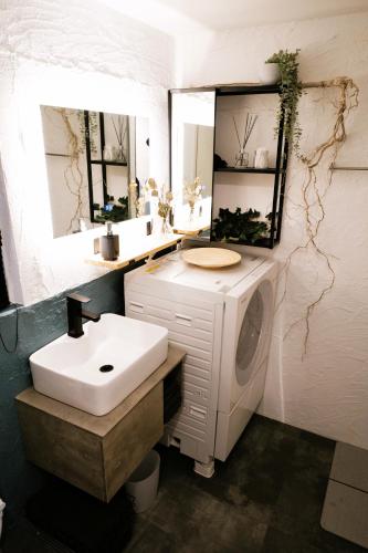 a bathroom with a sink and a washing machine at Eden House in Tokyo