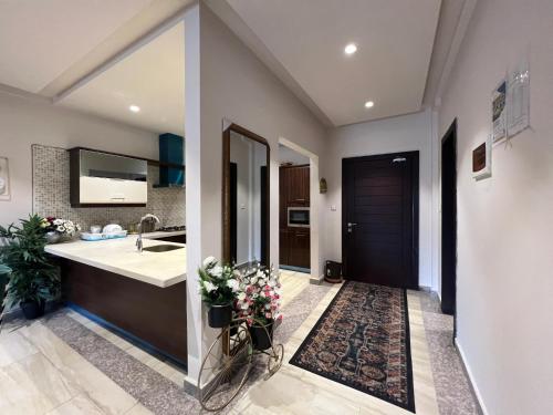 拉瓦爾品第的住宿－1 Bed Luxurious Apartment at Bahria Heights 5，一间设有黑色门和水槽的大厨房