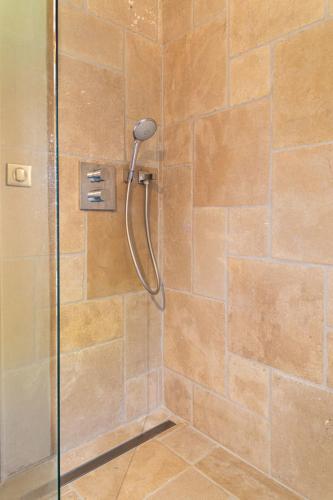 d'une douche avec une porte en verre et un pommeau de douche. dans l'établissement Graine de Tilia, à Saint-Antoine