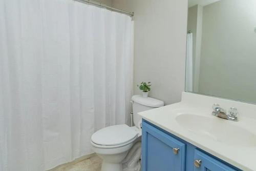 ein Badezimmer mit einem WC, einem Waschbecken und einem Spiegel in der Unterkunft Songbird Retreat in Littleton