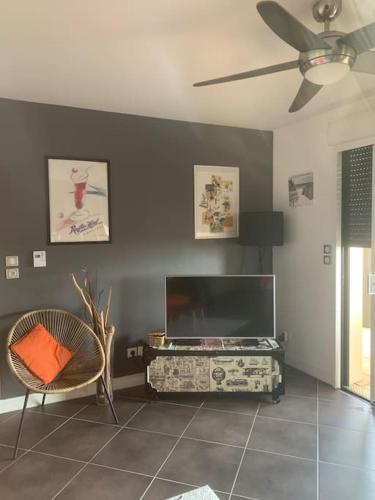 un salon avec une télévision à écran plat et une chaise dans l'établissement APPARTEMENT PLAGE EN RESIDENCE ENTIER 2 CHAMBRES, à Capbreton