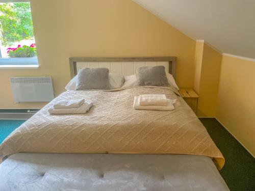 a bedroom with a large bed with two towels on it at Slunečný Penzion in Tasovice