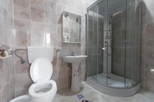 uma casa de banho com um WC, um chuveiro e um lavatório. em Pensiunea Cașoca-Cascadă em Siriu