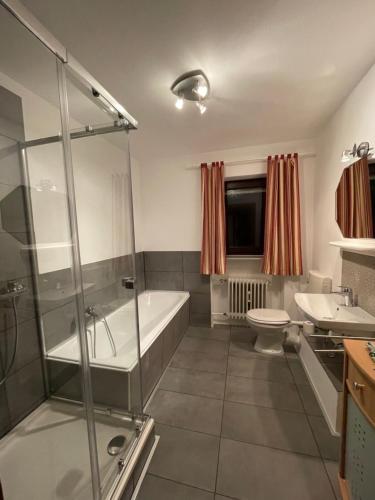 a bathroom with a shower and a tub and a sink at Pension Erna in Zwiesel