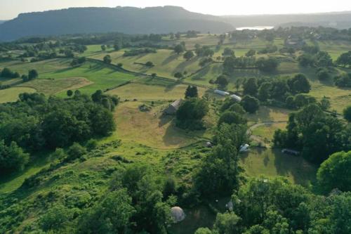 an aerial view of a green field with trees at Ferme de la Luciole in Champs Sur Tarentaine
