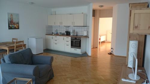 ein Wohnzimmer mit einem Sofa und einer Küche in der Unterkunft Möbliertes Apartment am Festspielhaus in Baden-Baden