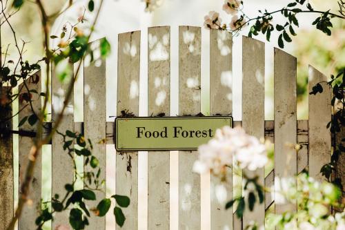 a sign that reads food forest on a fence at 17pounds Country Estate & Aqua Wellness Retreat in Bullarto