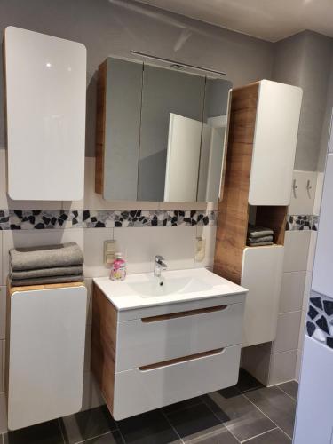 a bathroom with a white sink and a mirror at Ferienhaus Heidekate in Munster im Heidekreis