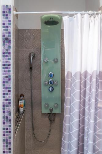a shower in a bathroom with a green shower at Holzwerk Oybin in Kurort Oybin