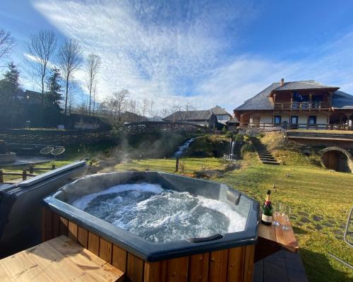 a hot tub on a deck in front of a house at Glodeanca in Glod