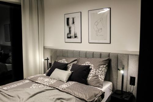 - une chambre avec un lit et des oreillers dans l'établissement O! Shellter Apartment PREMIUM by Oskar, à Rogowo
