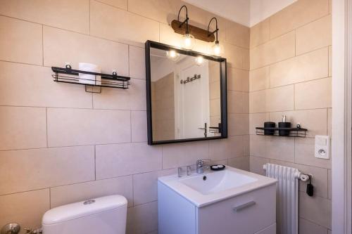uma casa de banho com um lavatório, um espelho e um WC. em 06B - Beau 2 pièces rénové avec terrasse vue mer em Roquebrune-Cap-Martin