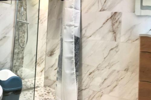 a shower in a bathroom with white marble walls at Studio de Luxe Meublé ,Clim et Parking Options, lave-linge in Bagneux