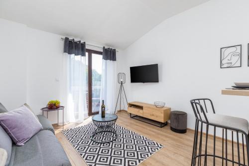 a living room with a couch and a tv at Wine house apartments & rooms Marčeta in Fažana