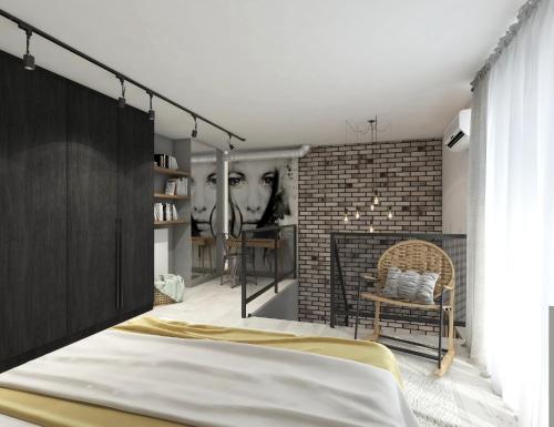sypialnia z łóżkiem i ceglaną ścianą w obiekcie N23 Dwupoziomowy Apartament Łódź Centrum Wi-Fi Klimatyzacja w Łodzi
