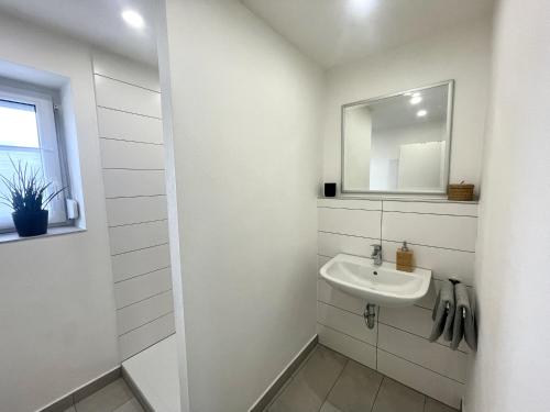 a white bathroom with a sink and a mirror at Kelsbachhaus OG in Pförring