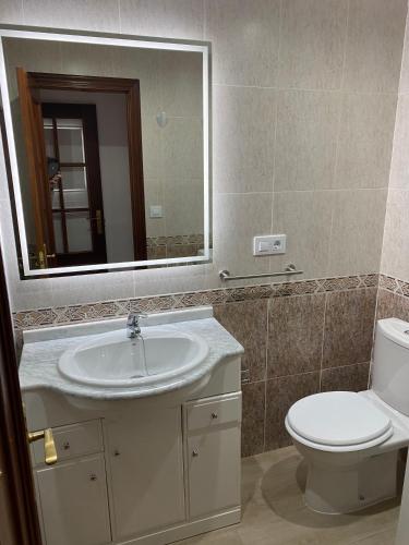 a bathroom with a sink and a toilet and a mirror at SANTA MARTA PLAYA BAIONA in Baiona