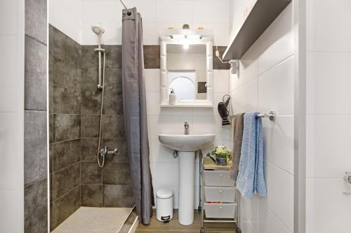 a small bathroom with a shower and a sink at Buena Fuerte Apartamentos Marino in Tarajalejo