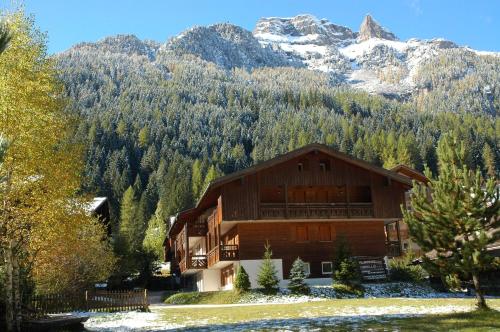 a large wooden building with a mountain in the background at Residence Cirelle Suite & Spa in Canazei