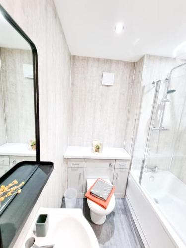 a bathroom with a toilet and a shower and a sink at Stunning Flat Close to Beach in Swansea