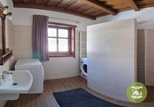 ein Bad mit einem Waschbecken, einem WC und einem Fenster in der Unterkunft Poiana Pădurii Casa de Oaspeți in Vărşag