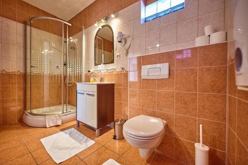 a bathroom with a toilet and a shower at HOTEL Garni PATRIOT in Trnava