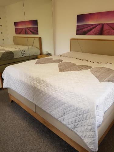 a large white bed in a room with two beds at Sylvias Ranch in Gerstungen