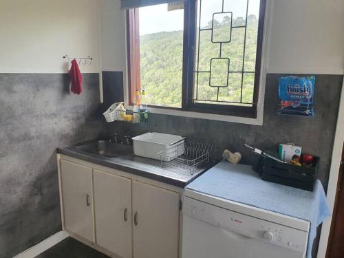 a kitchen counter with a sink and a window at Oppie Koppie in Keurboomstrand