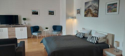 1 dormitorio con 1 cama y 2 sillas azules en Rezidence Čertovka, en Karlovy Vary