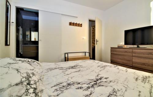 a bedroom with a large bed and a television at Industrial loft centre ville Orange clim wifi in Orange