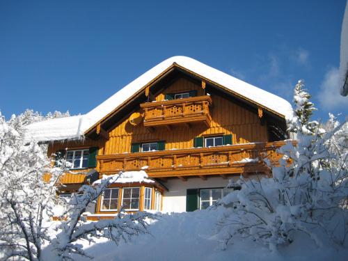 una cabaña de madera en la nieve con árboles nevados en Haus Schrei, en Grundlsee
