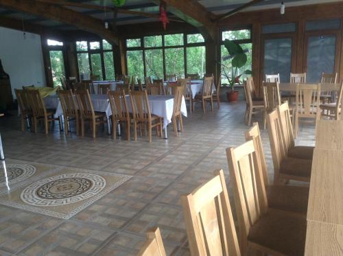 a dining room with a table and chairs at Pension Nicoleta in Costeşti