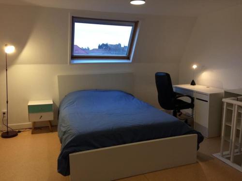 Schlafzimmer mit einem Bett, einem Schreibtisch und einem Fenster in der Unterkunft Maison au calme proche des transports in Lille