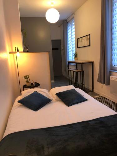 - une chambre avec un grand lit et 2 oreillers dans l'établissement Studio proche centre-ville 2, à Reims