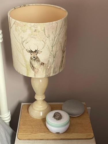 a lamp on a night stand with a deer lamp at 27 The Limes Room 2 in Stockton on the forest